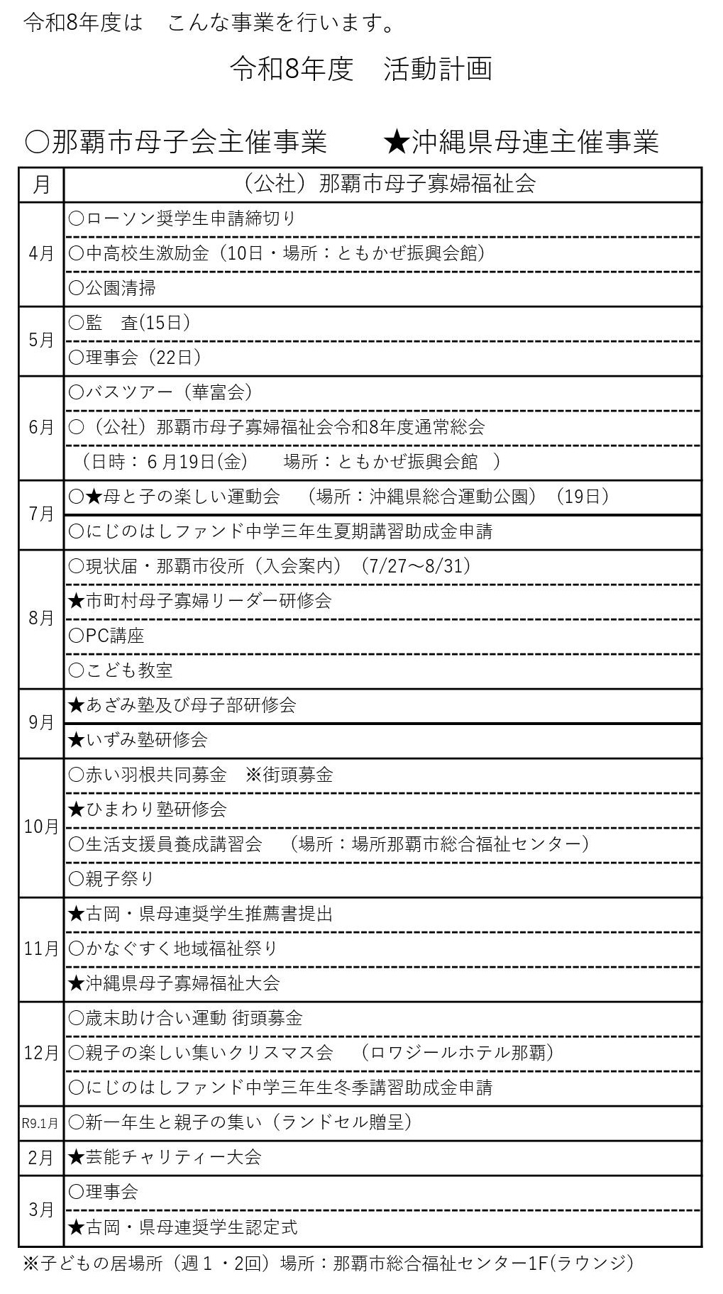 令和8年度那覇市母子寡婦福祉課の年間事業・行事計画表